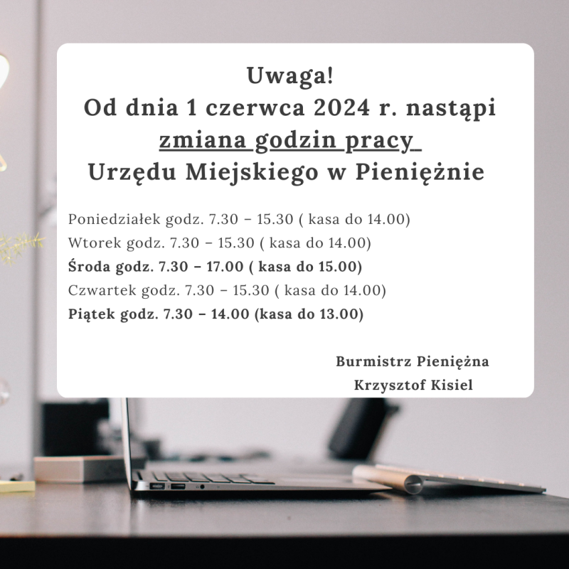 Nowe godziny pracy Urzędu Miejskiego w Pieniężnie